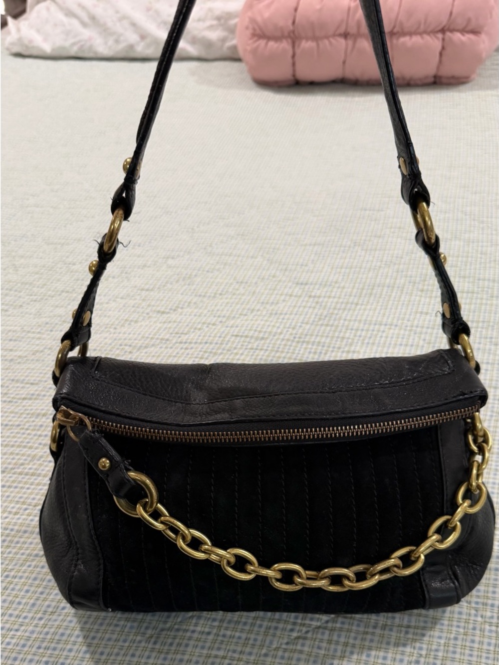 Banana Republic Black Leather Shoulder Bag with Gold Chain